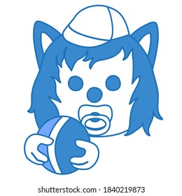 baby wolf in cap with a pacifier in his mouth and holding a ball in his hands, vector emoticon on white isolated background