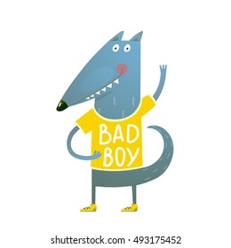 Baby Wolf or Dog Character Greeting wearing tee shirt Bad Boy. Wolf dog cub cute colorful adorable animal illustration. Wearing a tee shirt with sign. Vector EPS10.