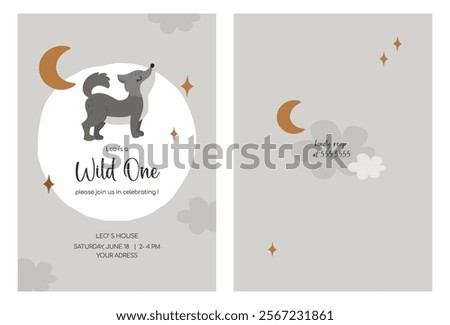 Baby wolf invitation printable template. Child greeting with wild forest animal. Vector nursery flat illustration.
