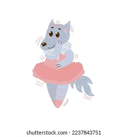 Baby wolf in pink tutu, diadem and pointe shoes in Scandinavian style. Cute animal ballerina character vector illustration. Ballet concept for birthday card or shirt designs for girls