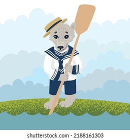 A baby wolf in Victorian boyish clothes holds a wooden oar. Vector illustration