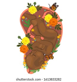 Baby in the womb with flowers. Vector graphics.