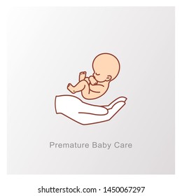 Baby in womb and hand. Pregnancy and health care of mother  and baby inside. Fetus symbol. Round logo of embryo and umbilical cord. Maternal fetus medicine. Embryo on hand. Color vector illustration.