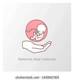 Baby in womb and hand. Pregnancy and health care of mother  and baby inside. Fetus symbol. Round logo of embryo and umbilical cord. Maternal fetus medicine. Embryo on hand. Color vector illustration.