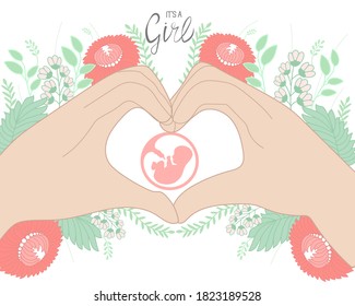 Baby in womb and handmaid's heart. Round logo of embryo and umbilical cord with flowers. It's a girl! Greeting card for baby shower.