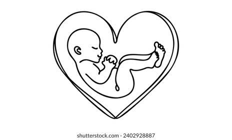 Baby in womb, heart, love one line drawing on white background.