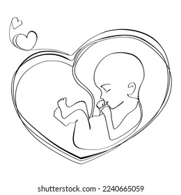 Bebé en el corazón del útero con forma de cordón umbilical Dibujo de línea, icono, tatuaje, afiche, plantilla de diseño de impresión.Ilustración vectorial Embrión en el dibujo del revestimiento del útero, dibujo en blanco y negro