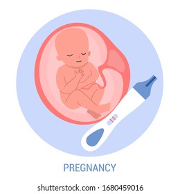 Baby in womb and positive pregnancy test. In vitro fertilization result. Artificial pregnancy with modern technology. Isolated illustration in cartoon style