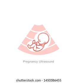 Baby in womb. Pregnancy and health of child. Ultrasound examination procedure. embryo and umbilical cord on screen. Sign with text. Medical emblem for pregnancy center. Monochrome vector illustration