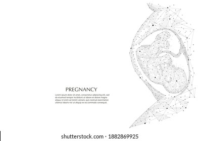Baby in womb. Pregnancy and health of mother and baby inside. Fetus symbol. Embryo on belly. Medical emblem for pregnancy center. Pregnancy low poly wireframe illustration.