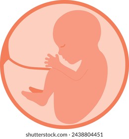 Baby im Mutterleib. Schwangerschaft und Gesundheit von Mutter und Baby drinnen. Fetus-Symbol. Rundlogo. Embryo und Nabelschnur. Mit Text unterschreiben. Medizinisches Emblem für das Schwangerschaftszentrum. Monochrome Vektorgrafik