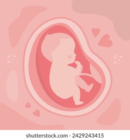 Baby in womb of pregnant woman. Cute child in the stomach of pregnant lady. Stage of embryo development. Pregnancy, concept. flat vector illustration