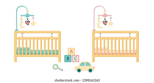 Baby wooden crib cradle bed with pillow, mattress and protective grilles  and with infant mobile toy for a newborn baby toddler. Time for sleep, interior of children's room. - Vector