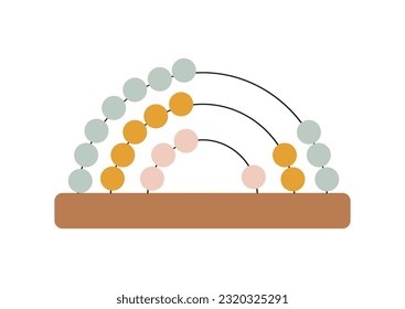 Baby wooden rainbow in scandinavian style concept. Abacus toy for toddlers. Mathematics and arithmetic. Poster or banner. Cartoon flat vector illustration isolated on white background