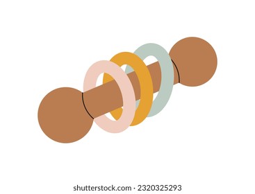 Baby wooden stick with rings in scandinavian style concept. Decor element for apartment and room. Sticker for social media and messengers. Cartoon flat vector illustration isolated on white background