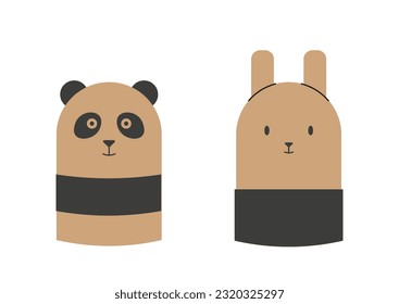 Baby wooden toys in scandinavian style concept. Panda and hare in minimalistic style. Handmade decor elements. Template and mock up. Cartoon flat vector illustration isolated on white background