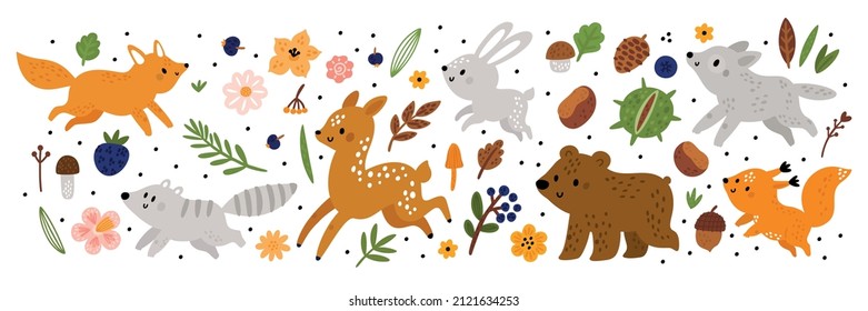 Baby woodland animals collection. Fox, hare, wolf, bear, squirrel, deer, 
raccoon vector cartoon illustration.  Plants forests, wildflowers, berries, chestnut, cones, leaves, mushrooms set. 