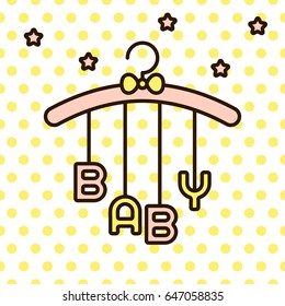 Baby word hanging on rack with bow vector. Cute infant mobile toy on polka dot yellow background.