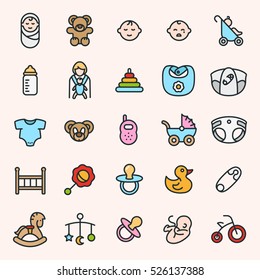 Baby World Minimalistic Color Flat Line Icon Pictogram Symbol Set Collection