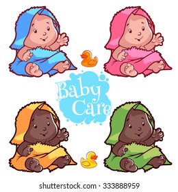 Baby wrapped in bath towel and rubber duck. Cartoon vector character on white background.