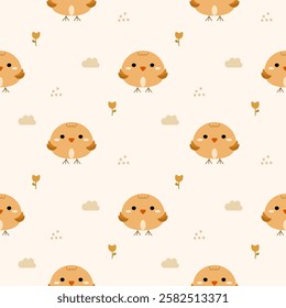 Baby yellow bird cartoon so cute. On flower cloud background. Pattern seamless vector illustration. 