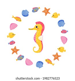 Baby yellow seahorse, fishes and shells isolated on white background. Cute vector illustration in cartoon style for kids textile or printing on any surface