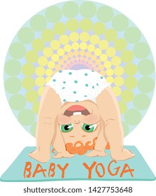 Baby Yoga concept with cute little baby boy with big green eyes bending over on a gym mat laughing at the camera through his legs, happy healthy child