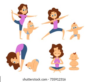 Baby yoga. Mutual exercises with mother and her baby Cartoon characters. Yoga healthy exercise set. Vector illustration