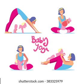 Baby yoga. Young vector woman with child stretching make sports in gym or fitness at home illustration. Various yoga or morning exercises with baby set isolated on white background. Healthy lifestyle
