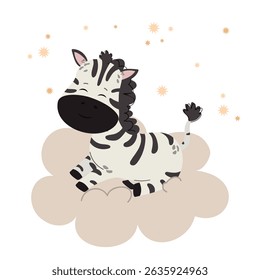 Baby zebra sleeping on a cloud children’s poster. Adorable animal illustration. Vector illustration