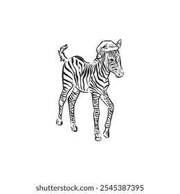 A baby zebra wearing a Christmas hat. Standing zebra drawn by hand in black and white. Festive Savanna animal.

