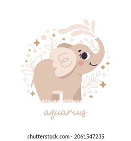 Baby Zodiac Sign Aquarius with leaves, branches, moon, rain, stars. Cute vector astrology character