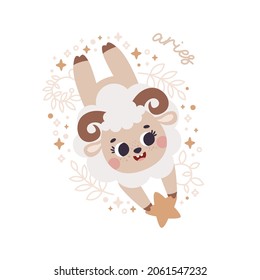 Baby Zodiac Sign Aries with leaves, branches, moon, rain, stars. Cute vector astrology character