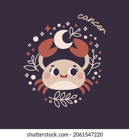 Baby Zodiac Sign Cancer with leaves, branches, moon, rain, stars. Cute vector astrology character