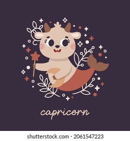 Baby Zodiac Sign Capricorn with leaves, branches, moon, rain, stars. Cute vector astrology character