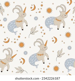Baby Zodiac Sign Capricorn seamless pattern. Cute vector astrology character.