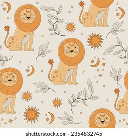 Baby Zodiac Sign Leo seamless pattern. Cute vector astrology character.