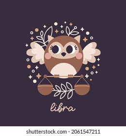 Baby Zodiac Sign Libra with leaves, branches, moon, rain, stars. Cute vector astrology character