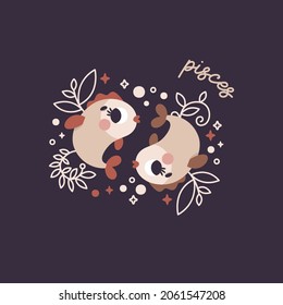 Baby Zodiac Sign Pisces with leaves, branches, moon, rain, stars. Cute vector astrology character