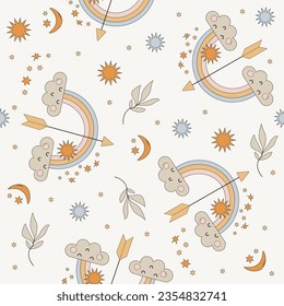Baby Zodiac Sign Sagittarius seamless pattern. Cute vector astrology character.