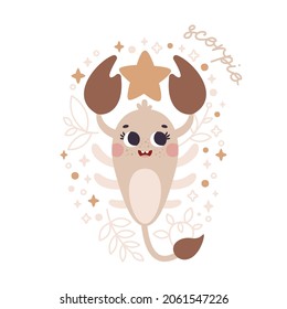 Baby Zodiac Sign Scorpio with leaves, branches, moon, rain, stars. Cute vector astrology character