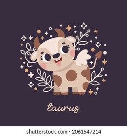 Baby Zodiac Sign Taurus with leaves, branches, moon, rain, stars. Cute vector astrology character