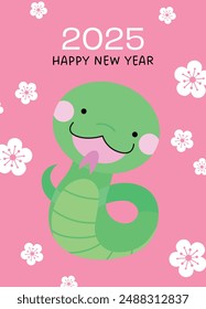 Baby zodiac snake new year greeting card with plum blossoms pattern. Chinese new year 2025 wishes.