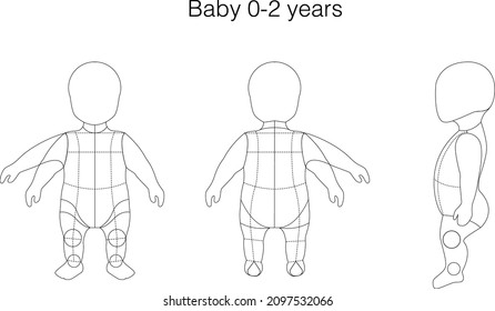 Baby(0-2years) figure: Front, Back, and side view. 
Fashion figure template for technical drawing with style lines.