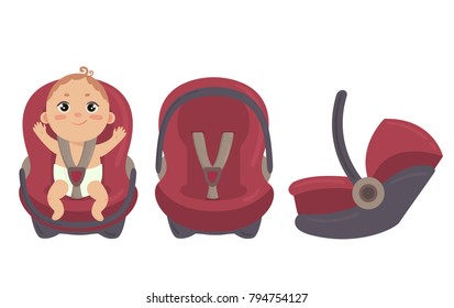 Babyboy In Diaper Sitting In Automobile Seat. Car Chair For Baby From Different Angles. Side And Front View Of Carseat. Red Combo Stroller With Hand Grip. Vector On White Background