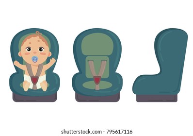 Babyboy With Nipple Comforter Sitting In Automobile Seat. Green Car Chair For Baby Boy From Different Angles. Side And Front View Of Carseat. Vector Isolated On White Background