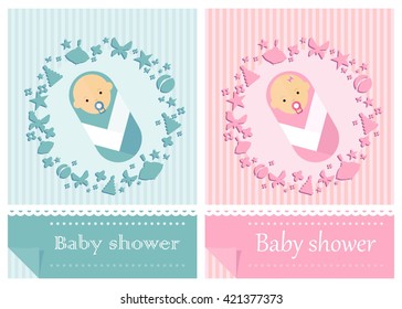 Baby-boy shower invitation. Baby-girl shower invitation. Template for card. Cartoon flat vector illustration. Objects isolated on a background.