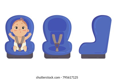 Babyboy Sitting In Automobile Seat. Blue Car Chair For Baby Boy From Different Angles. Side And Front View Of Carseat. Vector Isolated On White Background