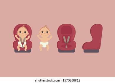 Babyboy Sitting In Automobile Seat. Red Car Chair For Baby Boy From Different Angles. Side And Front View Of Carseat. Vector Isolated On White Background