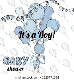 Babyboy's party design template with balloons and lights, isolated for print, invitation, design. Lobster OFL font and  "baby" lettering are used.
